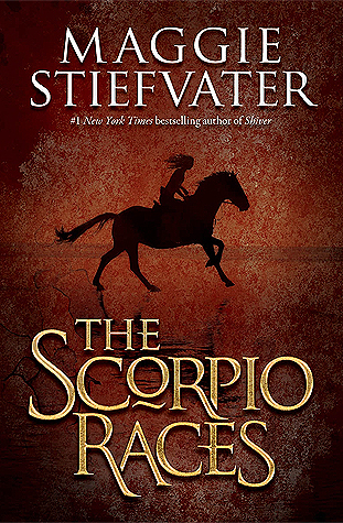 Cover of The Scorpio Races features a burgundy background with a silhouette of a person riding a horse.