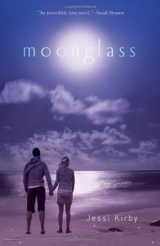 The cover of Moonglass by Jessi Kirby features a couple walking on the beach in the moonlight