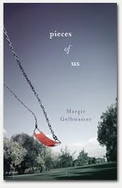 The cover of Pieces of Us shows a red swing flying into a blue sky in a park.