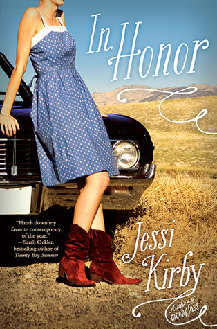 The Cover of in Honor by Jessi Kirby shows a girl in a blue sundress and red cowboy boots leaning on a vintage car