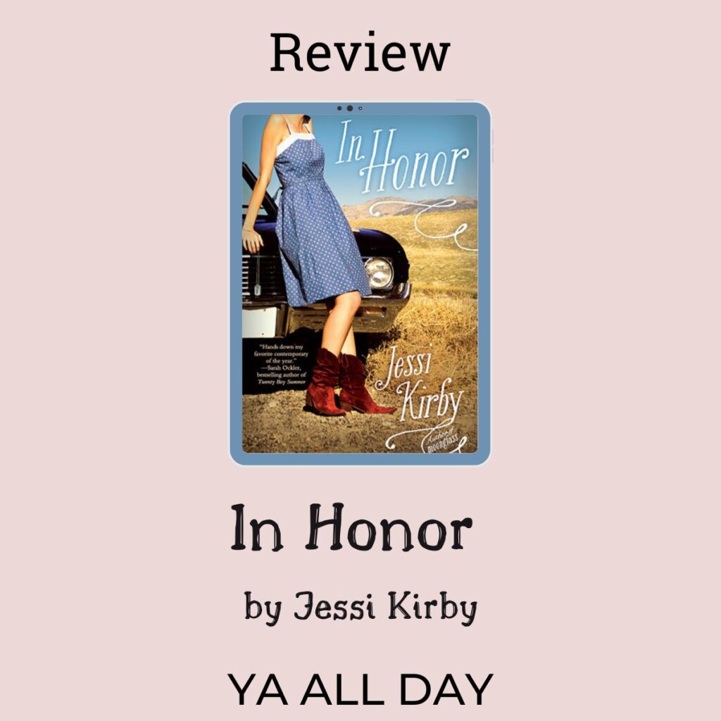 Cover of In Honor on a pink background. The cover shows a girl in a blue dress and red cowboy boots leaning on a vintage car