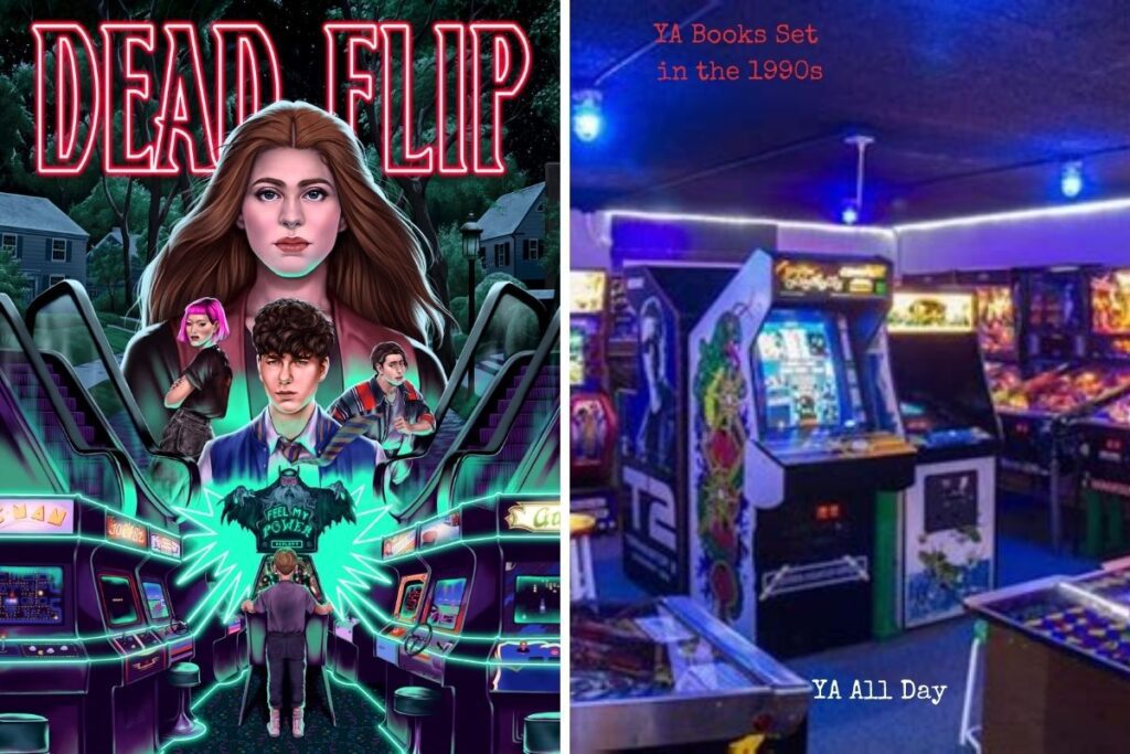 Photo collage of Dead Flip by Sara Farizan and a picture of a 90s arcade