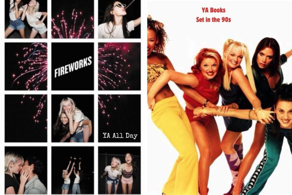 Photo collage of the cover of Fireworks by Katie Cotugno and a photo of the Spice Girls in the 90s