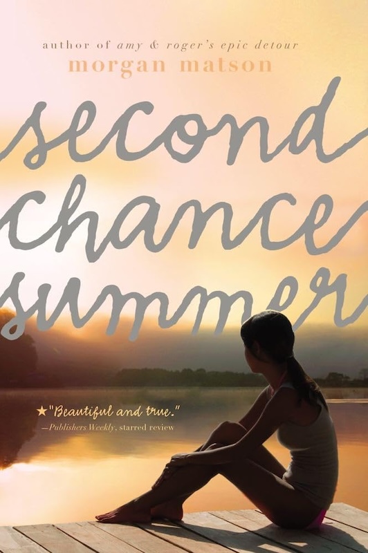 The cover of Second Chance Summer, which shows a girl sitting on a dock overlooking a lake with a sunrise or sunset in the distance