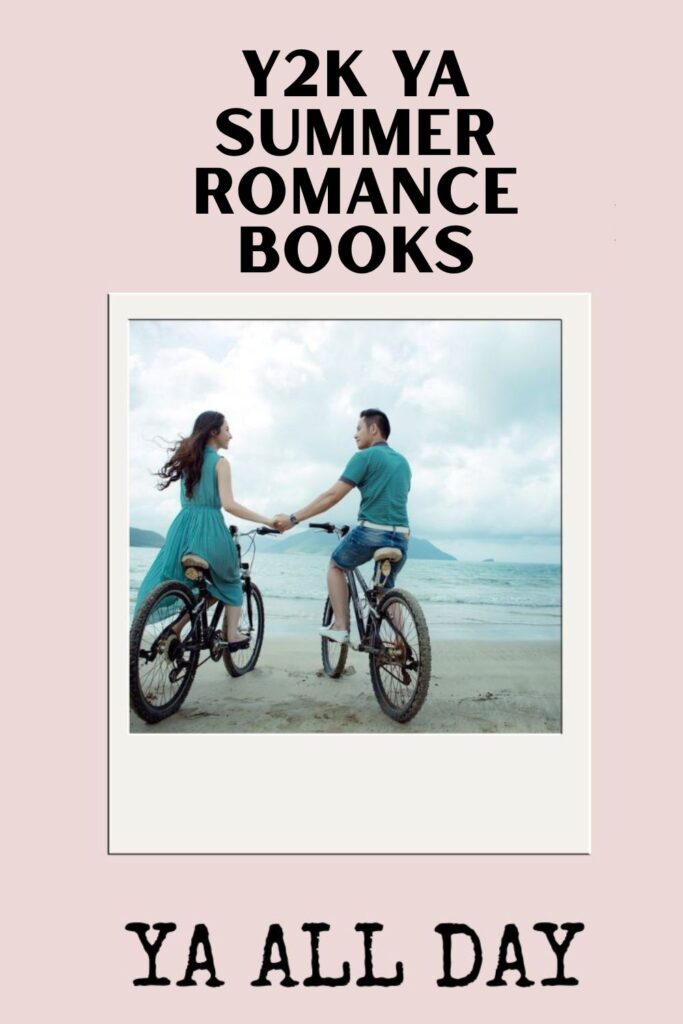 Y2K YA Summer Romance Books .A photo of a teen boy and girl riding bikes on the beach while holding hands