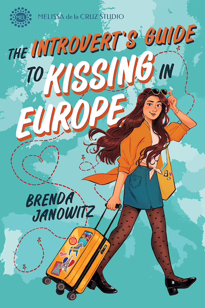 Cover of Introverts Guide to Kissing in Europe: an illustration of a girl pulling a rolling suitcase
