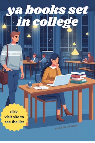 New 2025 YA Books Set in College. A drawing of a girl studying at the library and a boy walking up beside her.