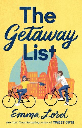 A couple riding bikes on a yellow background with a cityscape behind them.