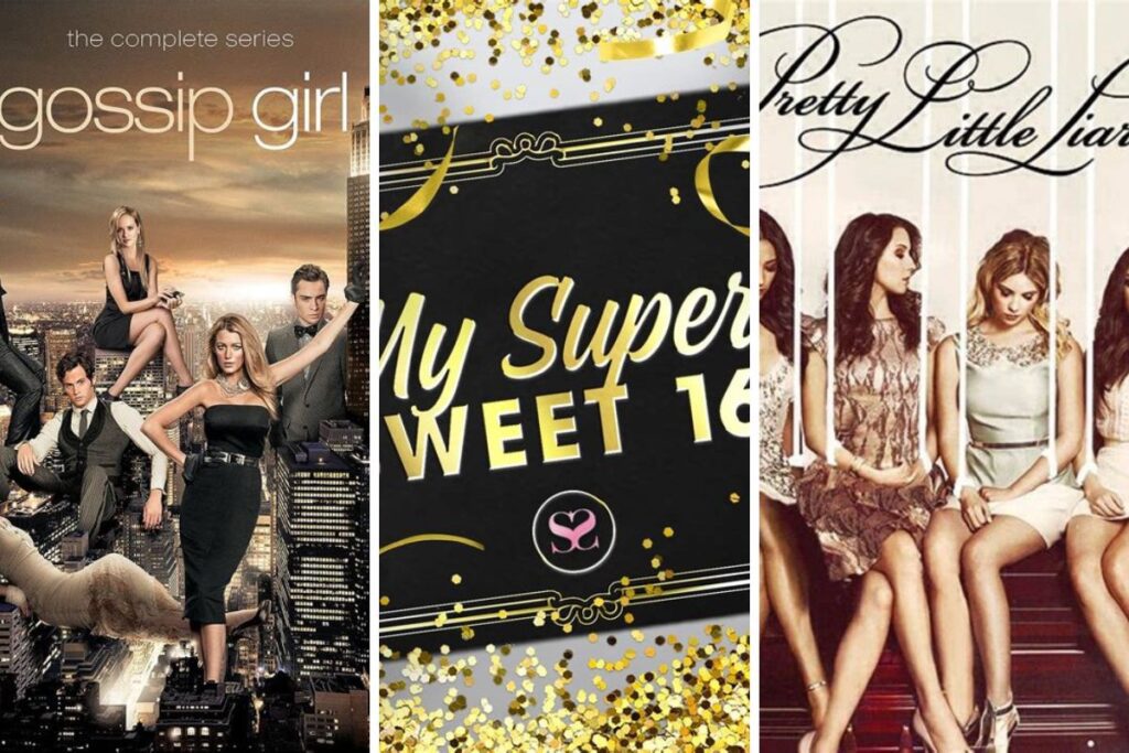 A collage of rich kids shows of the early 2000s: Gossip Girl, My Super Sweet 16, and Pretty Little Liars