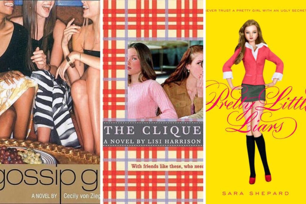A collage of rich kids aesthetic book of the early 2000s: Gossip Girl, The Clique and Pretty Little Liars