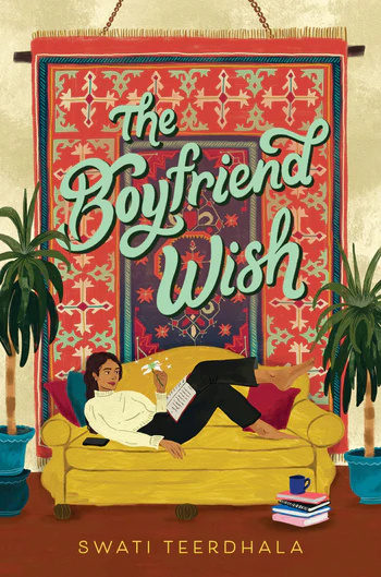Cover of the Boyfriend Wish shows a girl lounging on a yellow couch with a bright wall hanging behind her