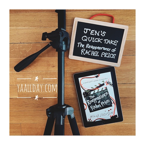 A copy of The Reappearance of Rachel Prices on a wood floor with a camera stand and a chalkboard