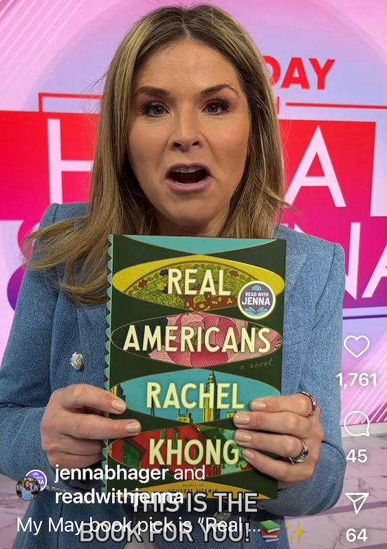 Screenshot of Read with Jenna's Instagram with her May 2024 book pick, Real Americans by Rachel Khong. jenna is holding the book in front of her and wearing a light blue blazer