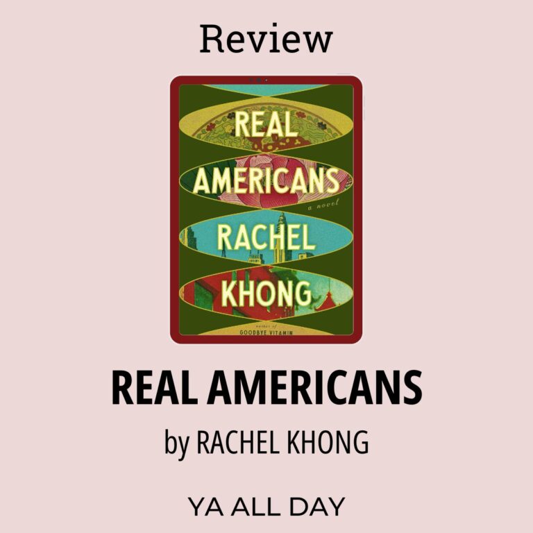 A graphic with the cover of Real Americans by Rachel Khong, which has a collage of vintage style illustrations