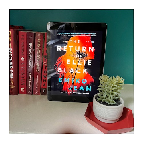 A copy of The Return of Ellie Black on a bookshelf next to a succulent. Original photo by Jen Ryland.