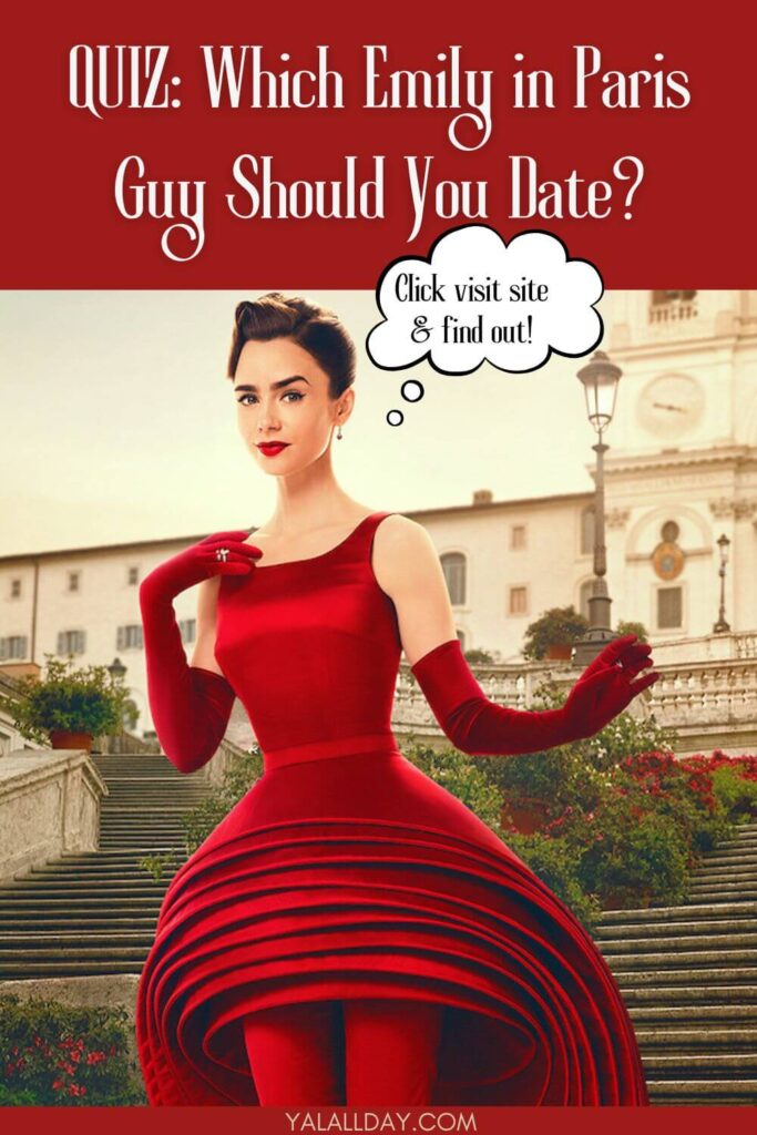 Which Emily in Paris Guy Should You Date? Emily rushes down a set up steps in a red dress and gloves