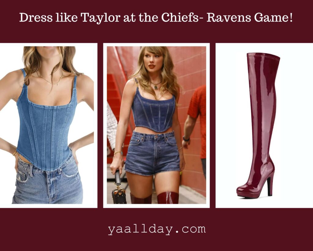 Taylor Swift Costumes for 2024: Chiefs Ravens Game. Photo of Taylor in her Versace bustier and how to recreate this look