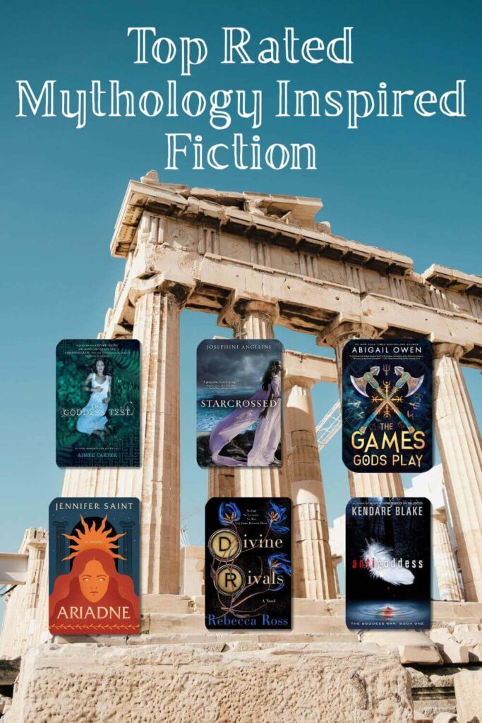 Top Rated Mythology Fiction: God and Goddess Books. A photo of a greek temple with six titles superimposed
