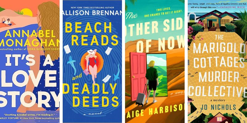 Photo collage of four books with a cozy summer reading aesthetic