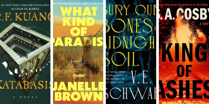 Photo collage of 2025 books for a dark summer reading aesthetic