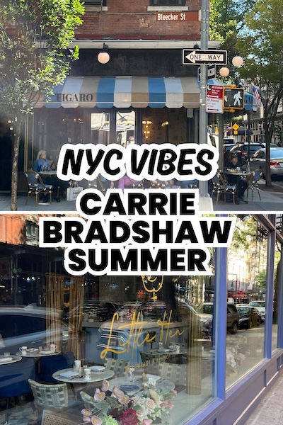 Original photo collage of West Village street scenes to inspire a Carie Bradshaw summer. Two awnings on low rise buildings in Greenwich Village