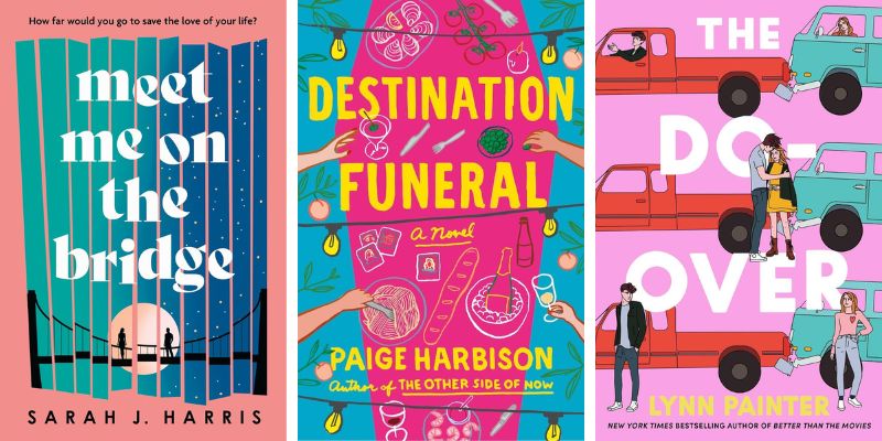 hoto collage of magical realism novels about turning back time. Pictured: Meet Me on the Bridge, Destination Funeral, The Do Over