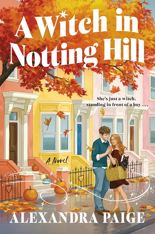 Cover of A Witch in Notting Hill shows a couple embracing on a charming street in autumn