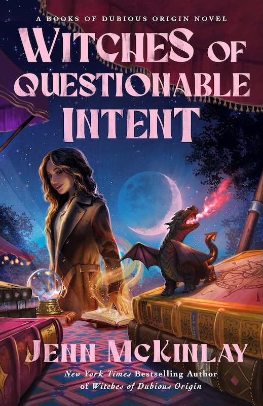 Cover of Witches of Qeustionable Intent which shows a woman in dark clothes against a blue, pink and purple background