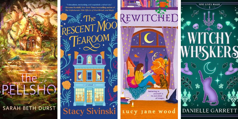 Photo collage of four Witchy Romance books with magical shopkeepers