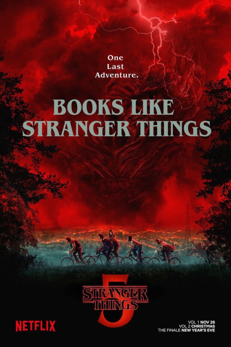 The movie poster for Stranger Things Season 5 which shows small figures on bikes under a stormy red sky