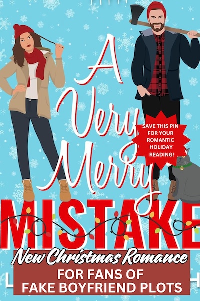 Cover of a Very Merry Mistake. A man with an axe and a woman in a blazer and boots