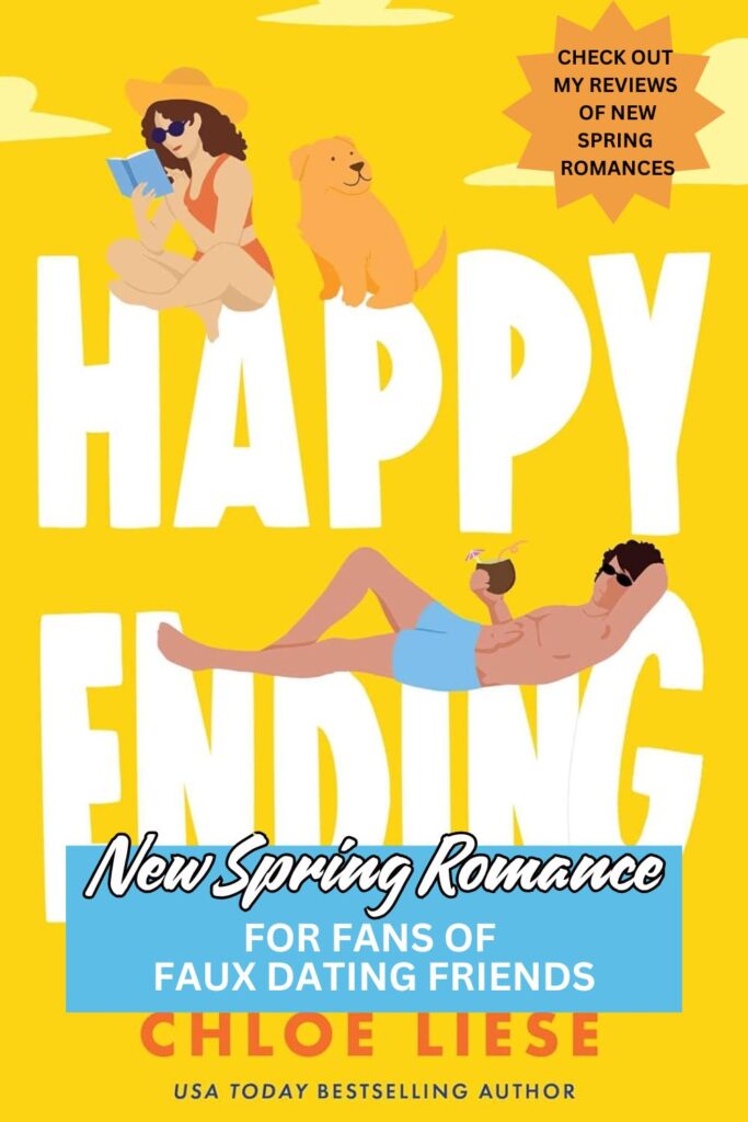 Cover of Happy ending, a new spring romance, has a yellow background and two illustrated characters in beach wear
