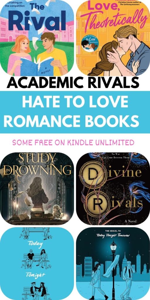 A photo collage of hate to love academic rivals books