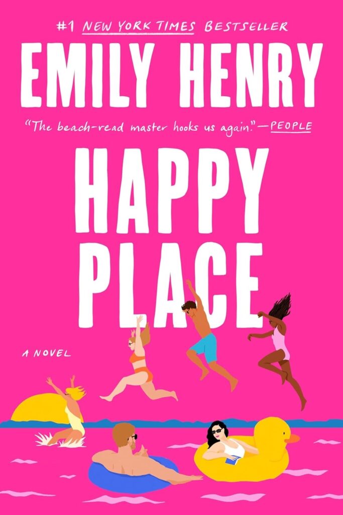 Cover of Happy Place: a bright pink background with four people jumping into the water and two on floats