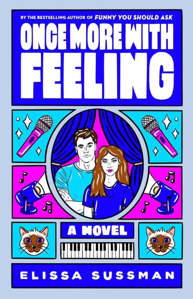 Cover of Once More With Feeling. Bright blue and magenta drawing of a man and a woman