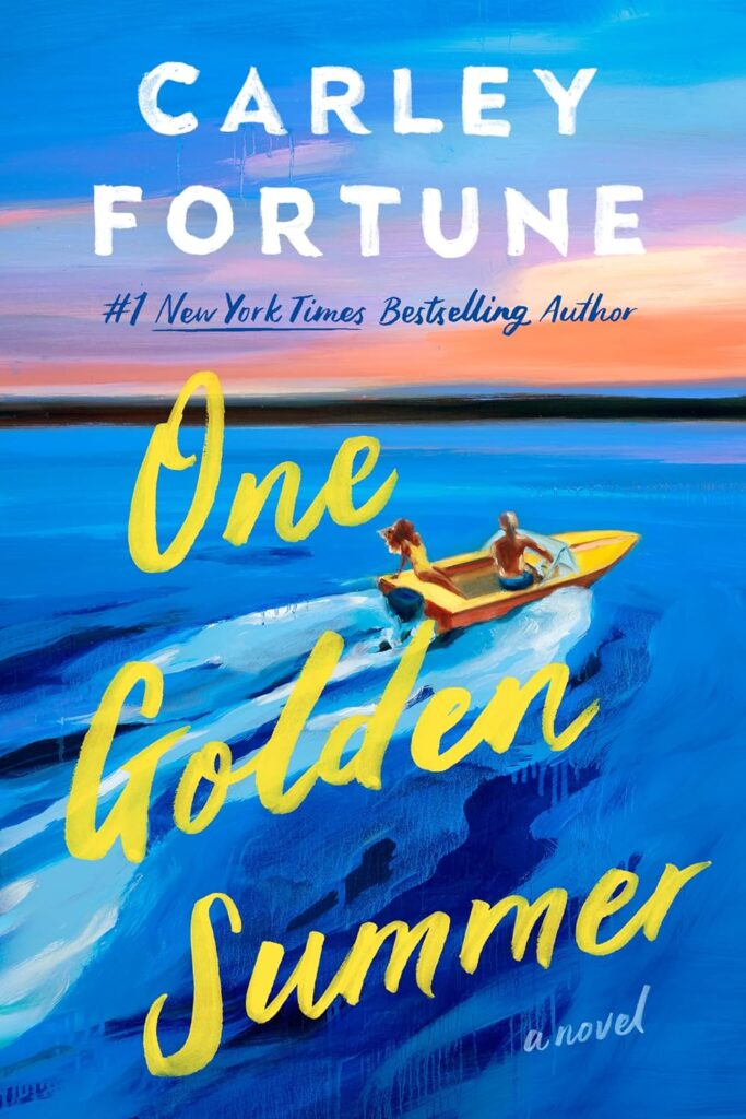 Cover of One Golden Summer, which shows a man and woman on a speedboat in a deep blue lake