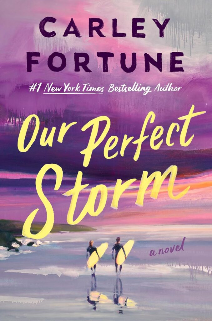 Cover of Our Perfect Storm which shows a couple of surfers, board under their arms, walking through the surf