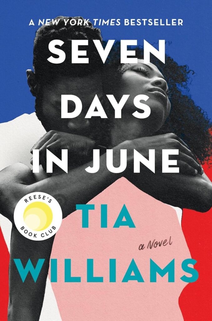 Cover of Seven Days in June which shows a black and white photo of a man holding a woman from behind