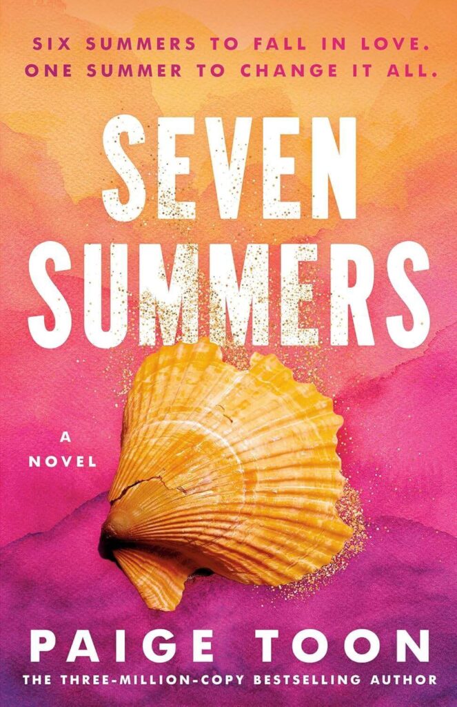 Cover of Seven Summers which shows an orange shell on a watercolor background of pink, orange and magenta