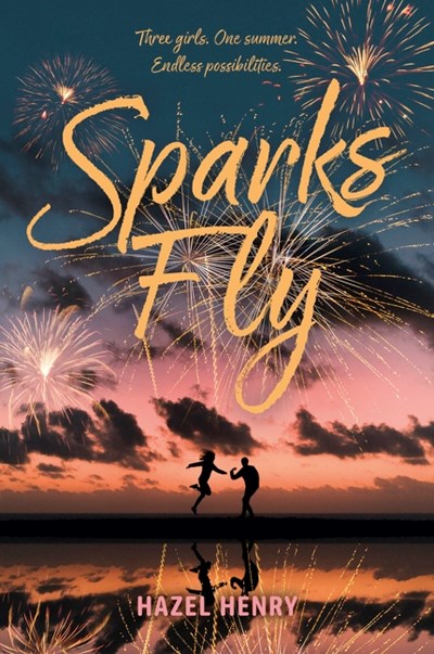 Cover of Sparks Fly: silhouette of a couple against the sunset on the beach