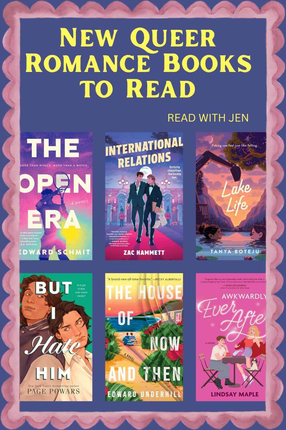 New Queer Romance Books to Read This Summer: Six covers on a deep blue background