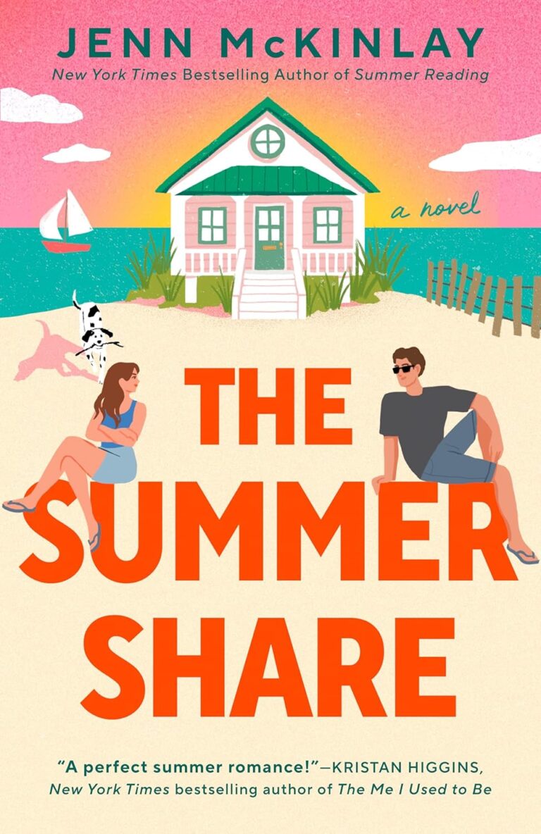 The Summer Share by Jenn McKinlay: An illustration of a man an woman on a beach in front of a small house by the water