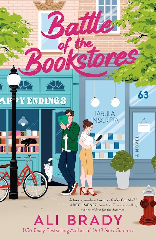 Cover of Battel of teh Bookstores which shows a couple standing on a street lined with shops