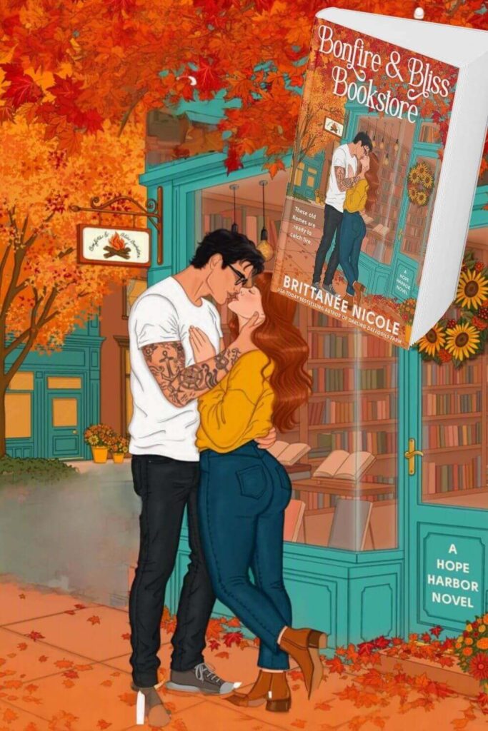 Cover of Bonfire and Bliss Bookstore which shows a curvy girl with red hair kissing a dark haired guy with glasses and tattoos.