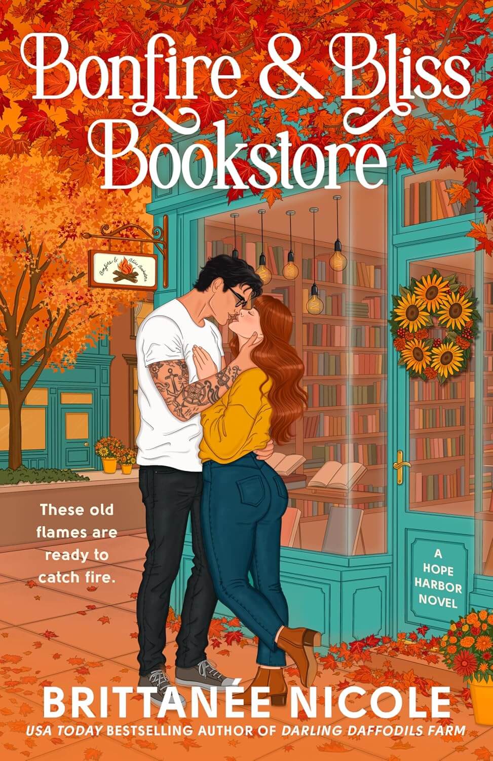 Cover of Bonfire and Bliss Bookstore by Brittanée Nicole, a cozy fall romance with a spicy side