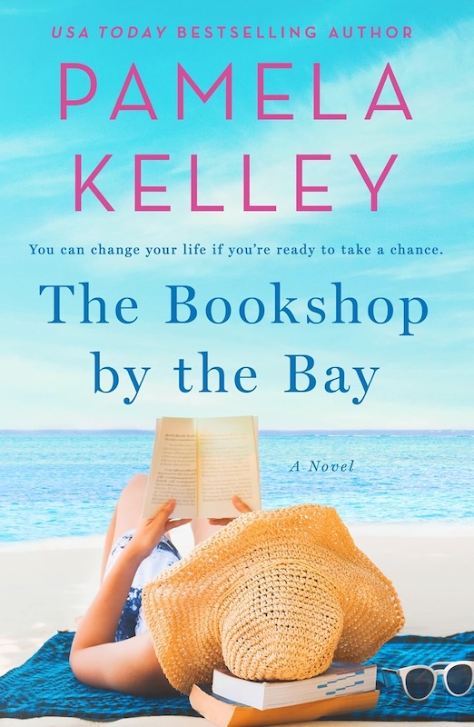 Cover of Bookshop by the Bay. Photo of a woman in a straw hat lying on the beach with a book