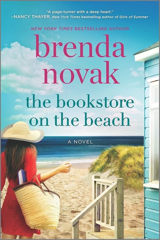 Cover of The Bookstore eon the Beach which shows a woman with a straw hat and bag headed down the beach