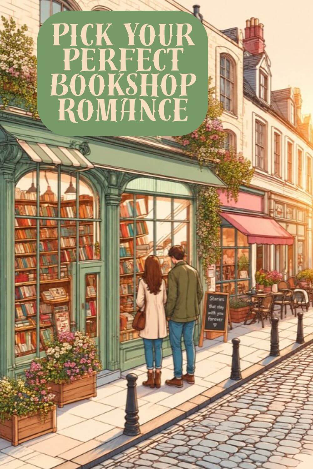 Find Your Perfect Bookstore Romance: a couple window shops in a charming small bookstore on a cobblestone street
