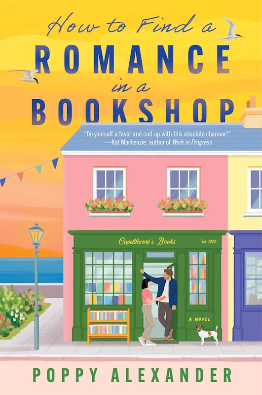 Cover of How to Find Romance in a Bookshop which shows a charming pink bookshop.