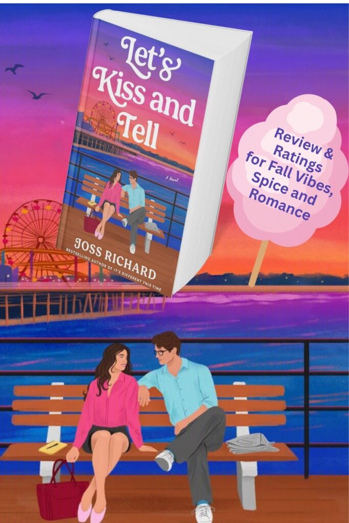 Cover of Let's Kiss and Tell superimposed on an illustration of a guy and girl sitting on a bench with the ocean behind them